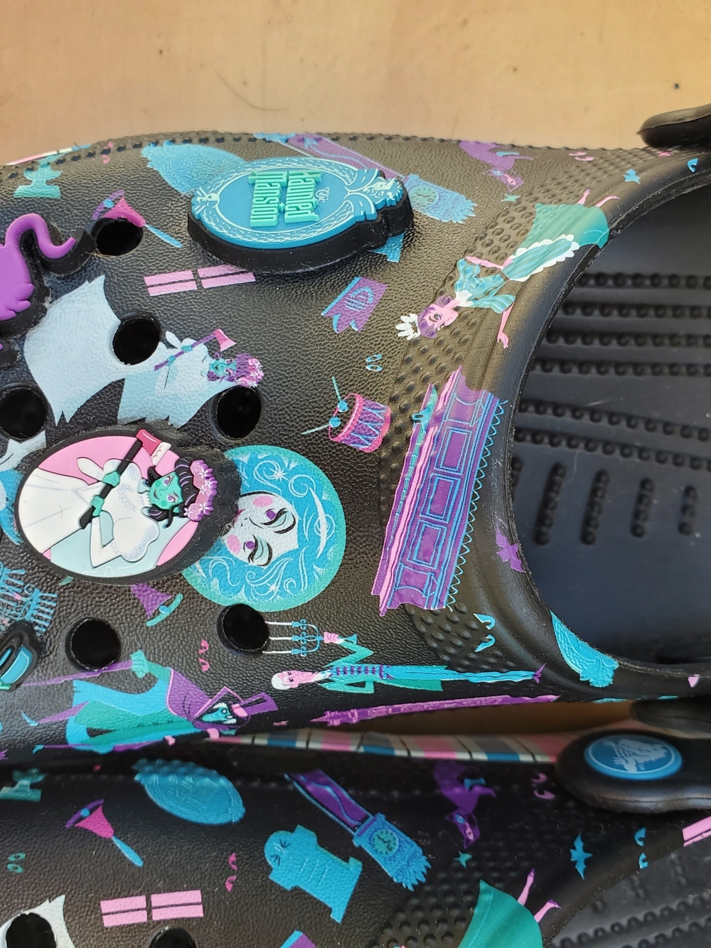 CROCS Disney Haunted Mansion Black Clog Sandals with Teal & Purple Cartoon Print - Picture 9 of 9